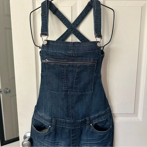 Blank NYC Crossover Distressed Denim Overalls Size 30 Medium Wash Zip Accent - Picture 4 of 16